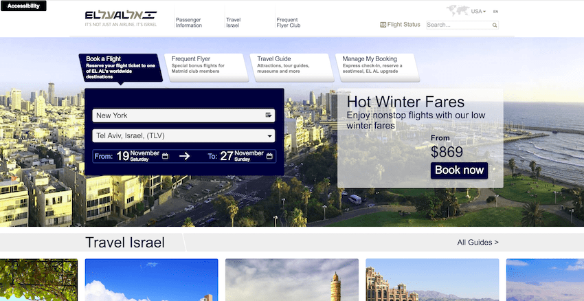 Israeli airline website in English showing the design when the language reads left to right