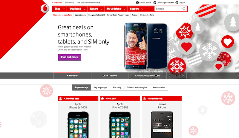 British Vodafone website, using the colour red to show empowerment; alongside their slogan 'Power to you'