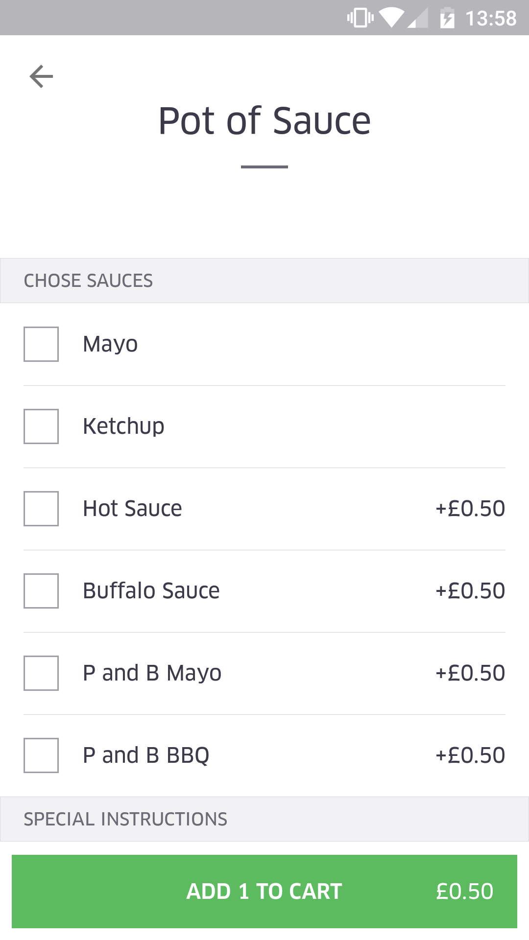 Screenshot of UberEats menu displaying all sauces at the same price, even though they charge extra for some sauces
