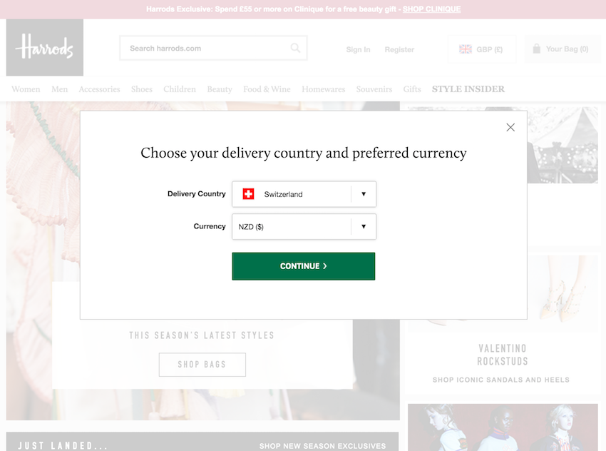 Screenshot of how flags are only used for delivery countries and not the currency, but uses the symbols instead