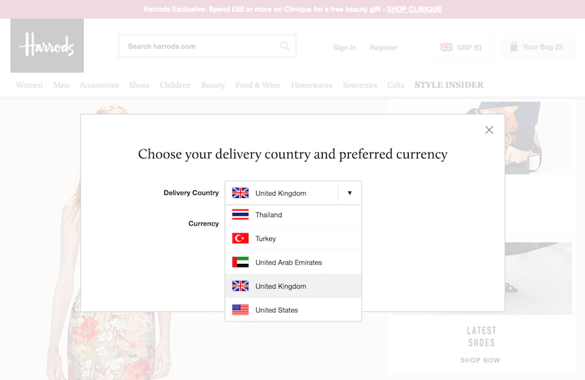 Screenshot of Harrod's delivery country list with flags