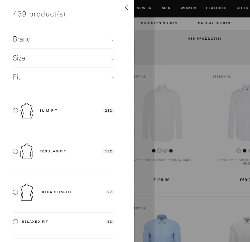 Hugo Boss offer extensive contextual filters for shirts, such as fit, wearing occasion, collar and pattern