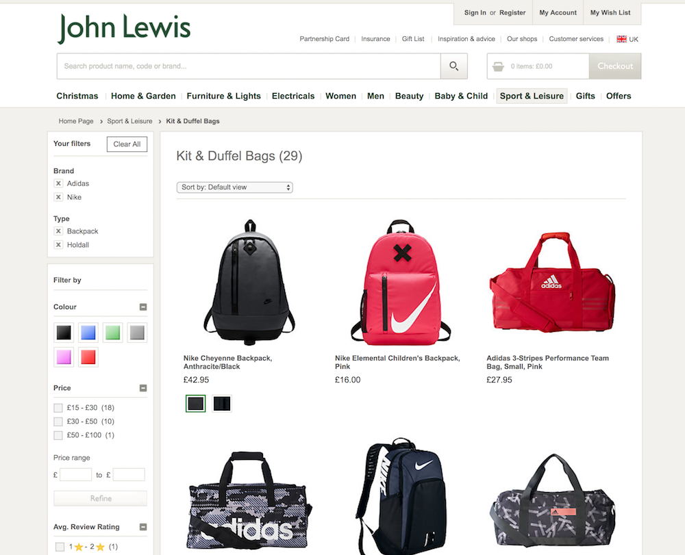 John Lewis offering multiple filters from the same category