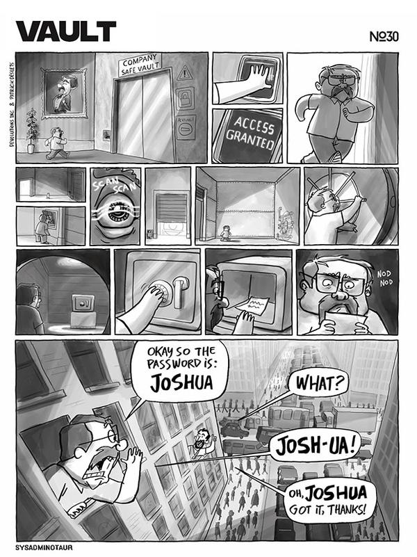 A comic showing a man going through tough security procedures, scanning his finger prints, going through multiple vaults and safes to then shout his password out of the window to another man