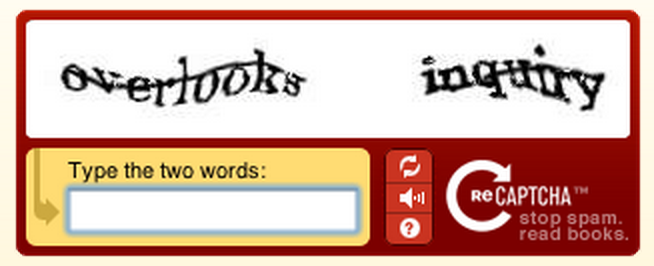 A ReCAPTCHA form showing distorted text read in from somewhere like a book