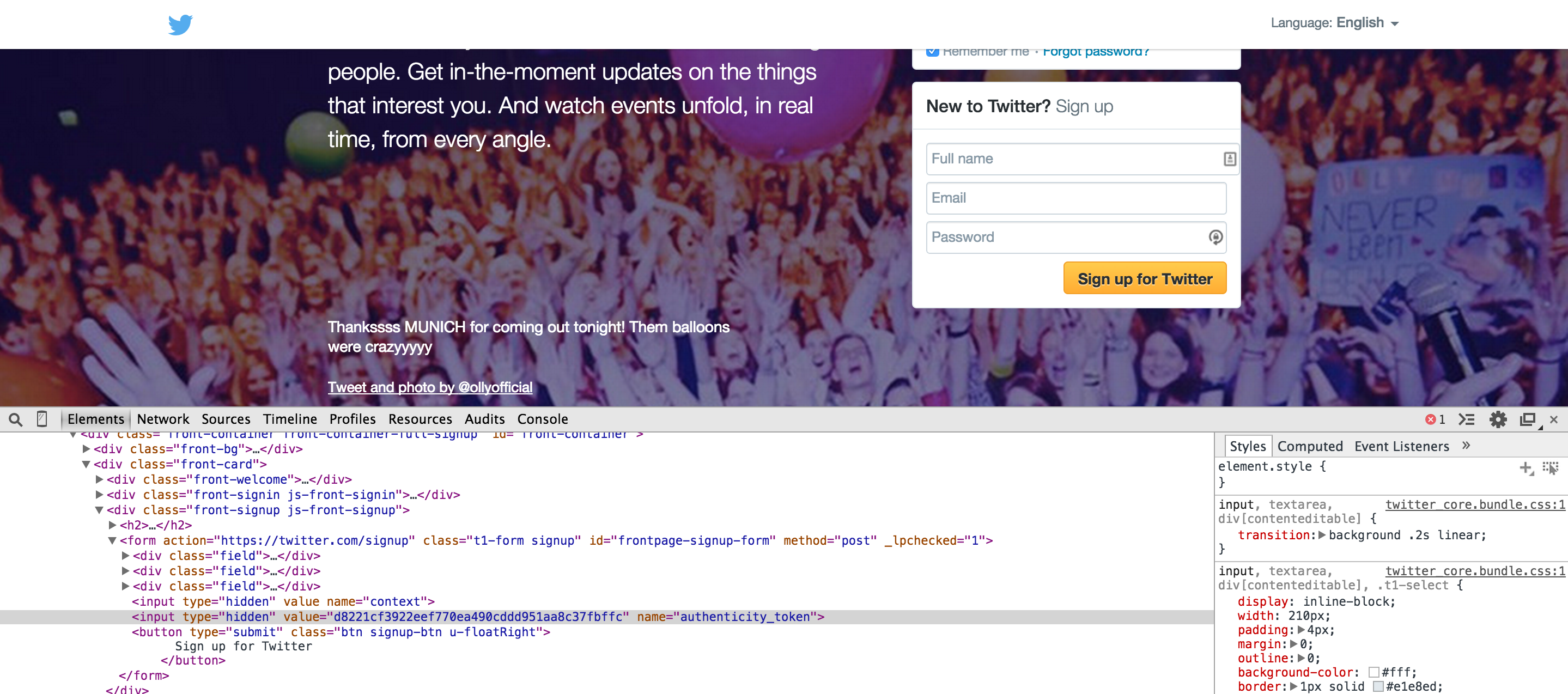 Code showing hidden in HTML input fields on Twitter