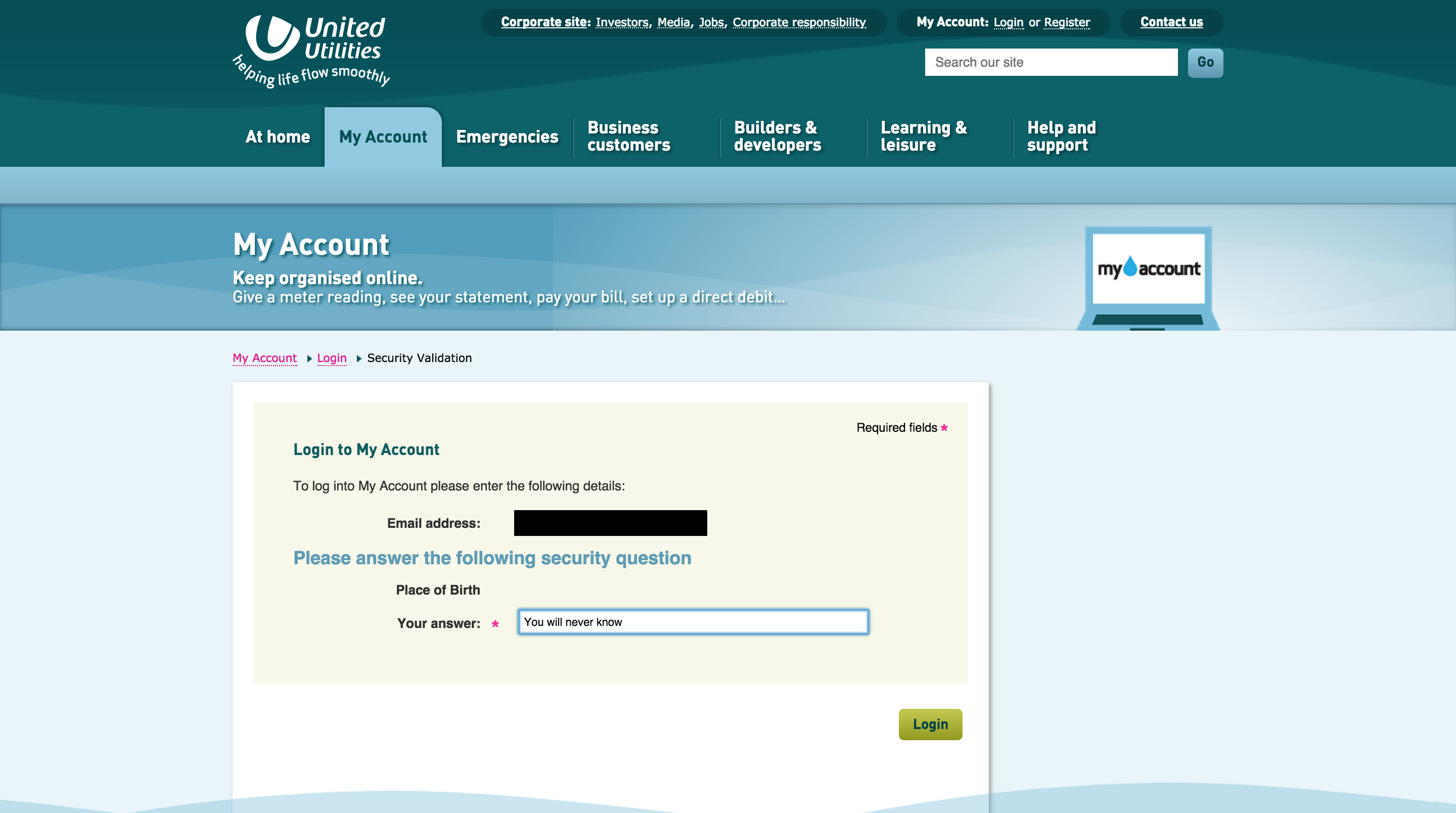 Logging into United Utilities asks for a security question when logging in.