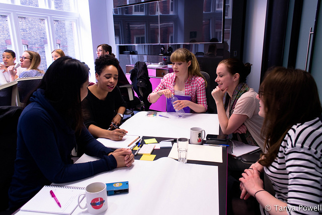 A team of 5 women, brainstorming their app idea